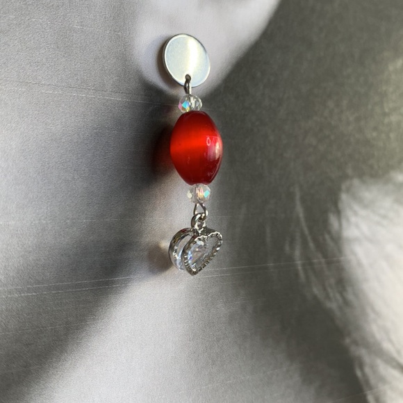 Handcrafted Red Bead Stud Post Drop Dangle Earrings W Heart of Cubic Zirconia - Picture 3 of 8